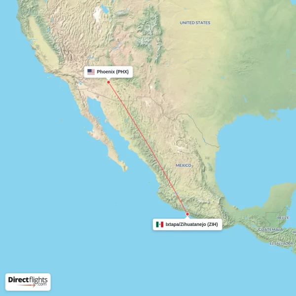 Phoenix - Ixtapa/Zihuatanejo direct flight map