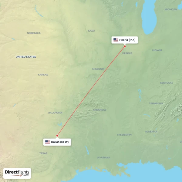 Peoria - Dallas direct flight map