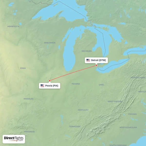Peoria - Detroit direct flight map