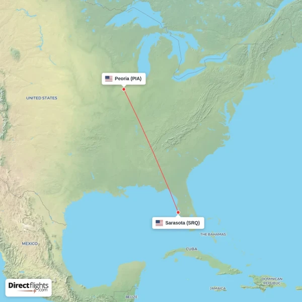 Peoria - Sarasota direct flight map