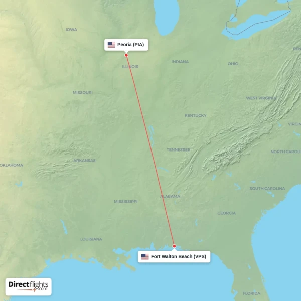 Peoria - Fort Walton Beach direct flight map