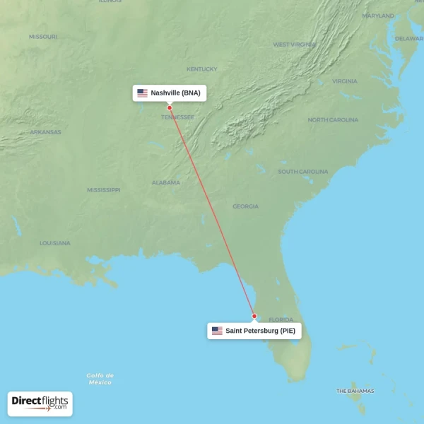 Saint Petersburg - Nashville direct flight map