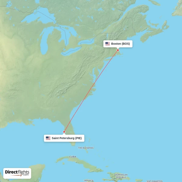 Saint Petersburg - Boston direct flight map