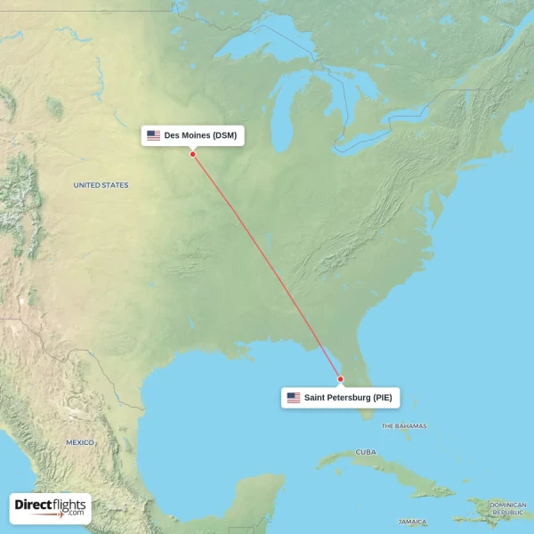 Saint Petersburg - Des Moines direct flight map