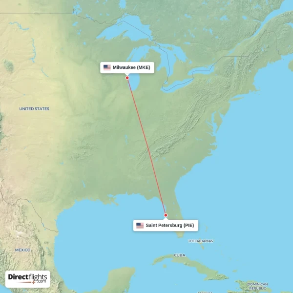 Saint Petersburg - Milwaukee direct flight map