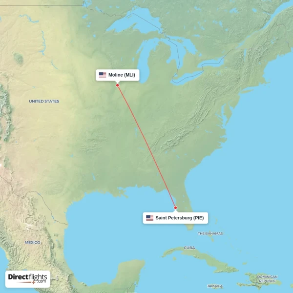 Saint Petersburg - Moline direct flight map