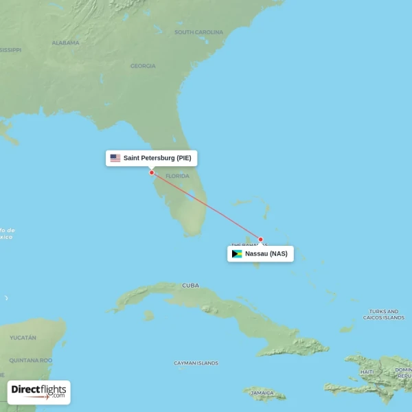 Saint Petersburg - Nassau direct flight map