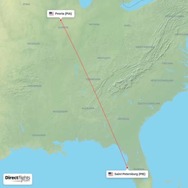 Saint Petersburg - Peoria direct flight map