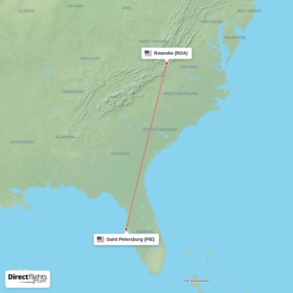 Saint Petersburg - Roanoke direct flight map