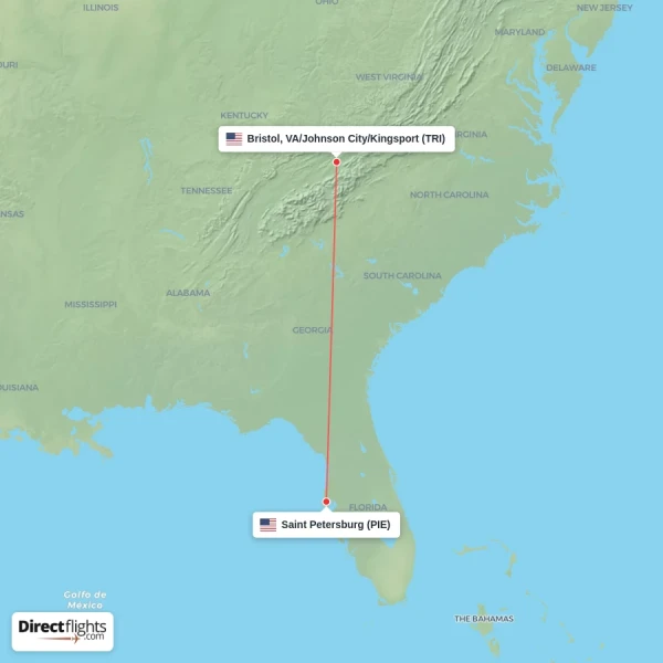 Saint Petersburg - Bristol, VA/Johnson City/Kingsport direct flight map