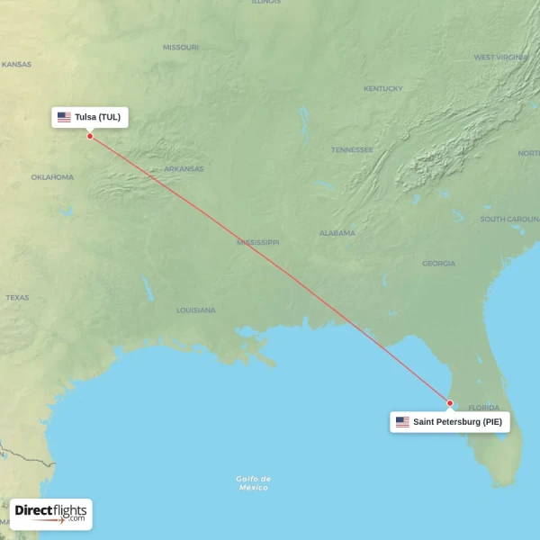 Saint Petersburg - Tulsa direct flight map