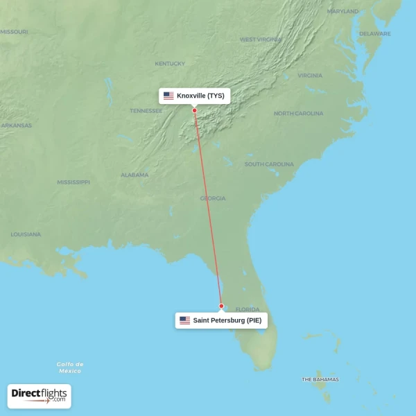 Saint Petersburg - Knoxville direct flight map