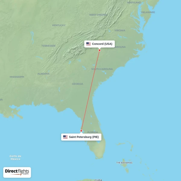Saint Petersburg - Concord direct flight map
