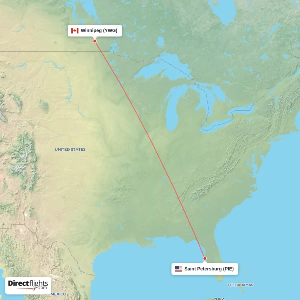 Saint Petersburg - Winnipeg direct flight map