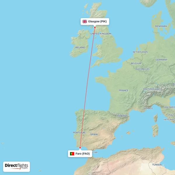 Glasgow - Faro direct flight map