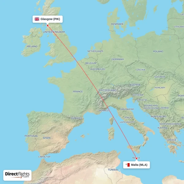 Glasgow - Malta direct flight map