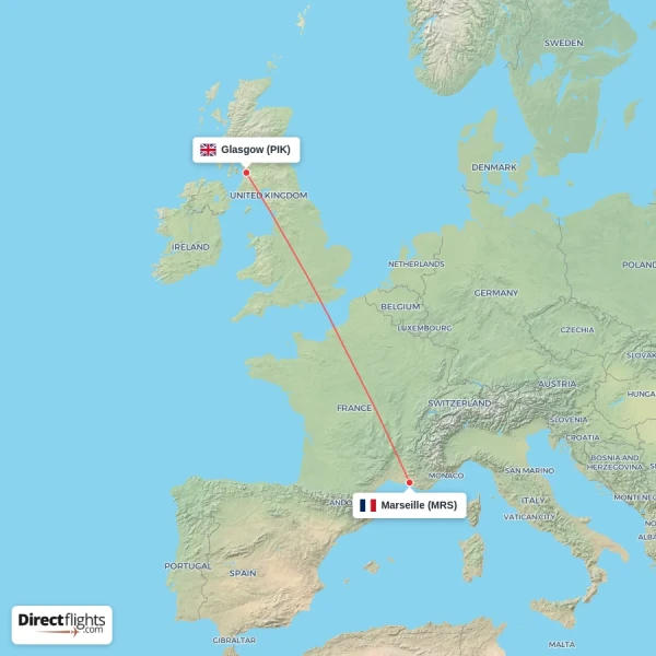 Glasgow - Marseille direct flight map