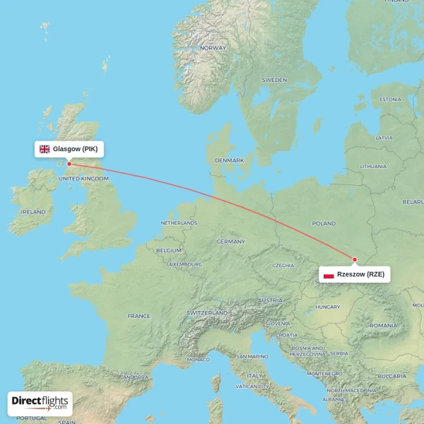 Glasgow - Rzeszow direct flight map