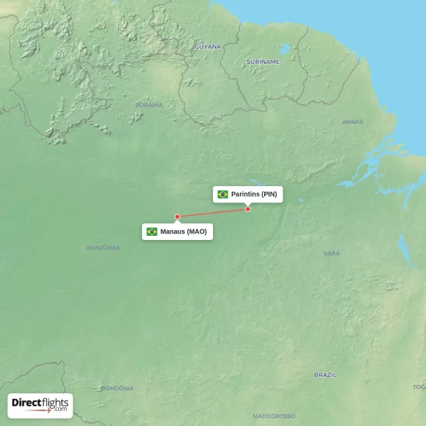 Parintins - Manaus direct flight map