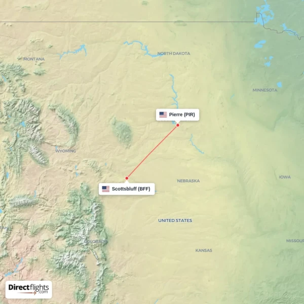 Pierre - Scottsbluff direct flight map