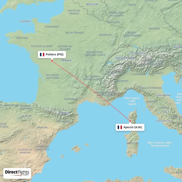 Poitiers - Ajaccio direct flight map
