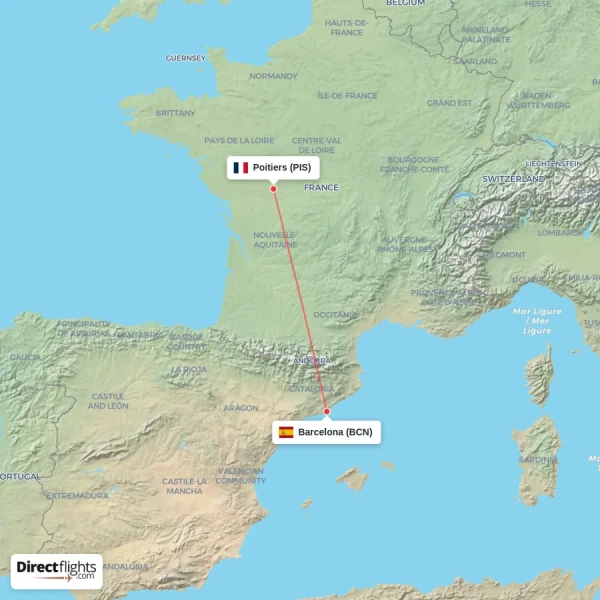 Poitiers - Barcelona direct flight map