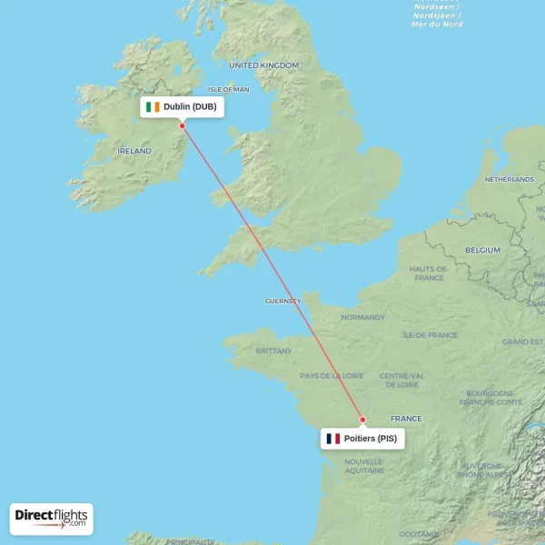 Poitiers - Dublin direct flight map