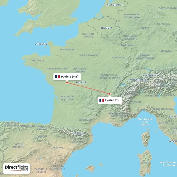 Poitiers - Lyon direct flight map