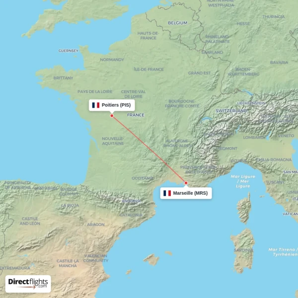 Poitiers - Marseille direct flight map