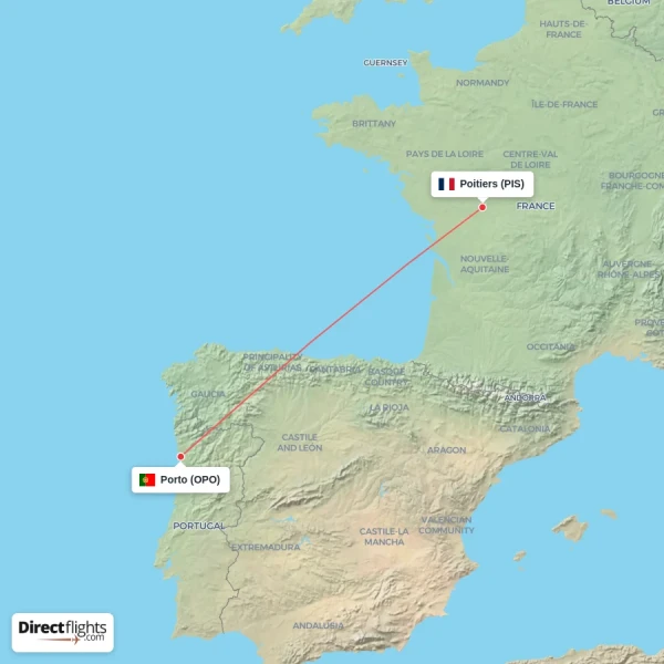 Poitiers - Porto direct flight map