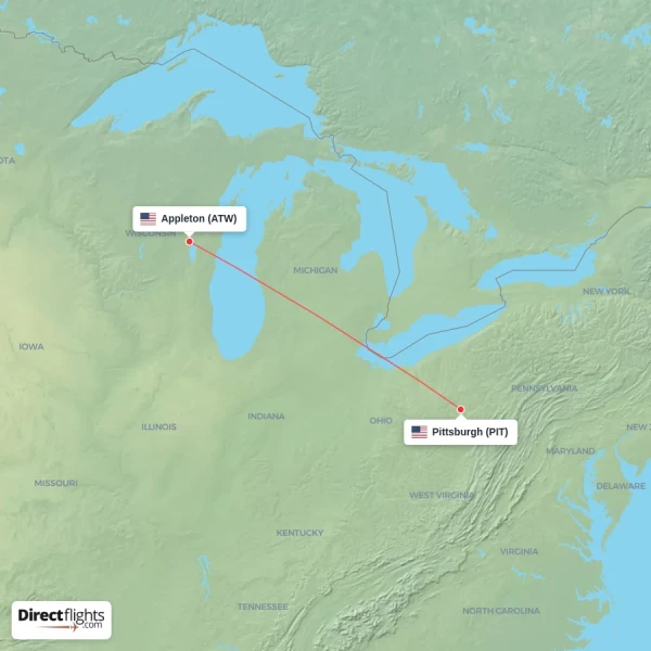 Pittsburgh - Appleton direct flight map