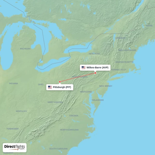 Pittsburgh - Wilkes-Barre direct flight map