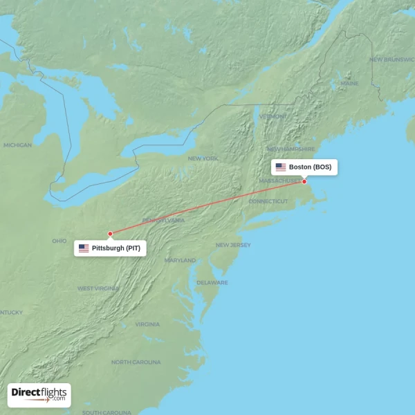 Pittsburgh - Boston direct flight map
