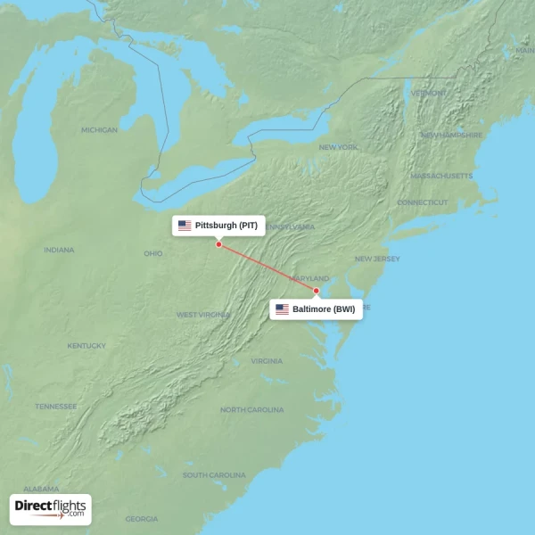 Pittsburgh - Baltimore direct flight map