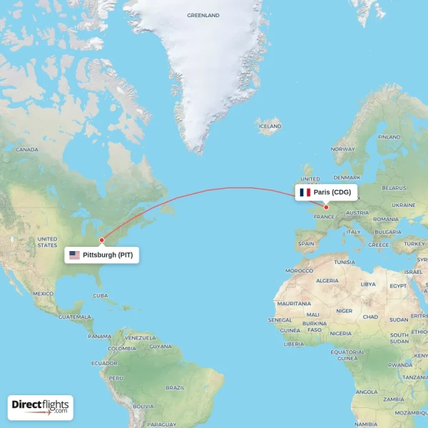Pittsburgh - Paris direct flight map