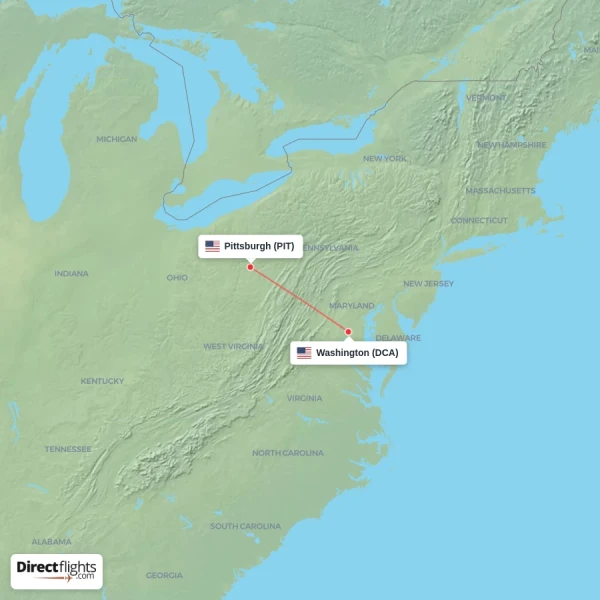 Pittsburgh - Washington direct flight map