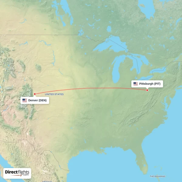 Pittsburgh - Denver direct flight map