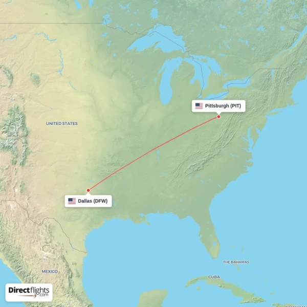 Pittsburgh - Dallas direct flight map