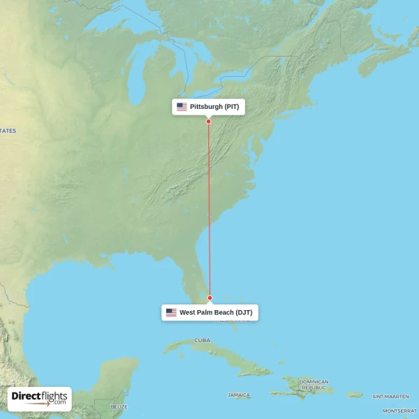Pittsburgh - West Palm Beach direct flight map