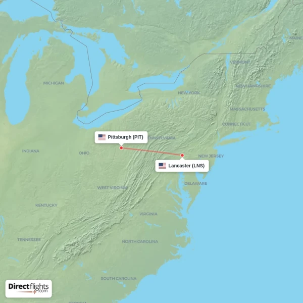 Pittsburgh - Lancaster direct flight map