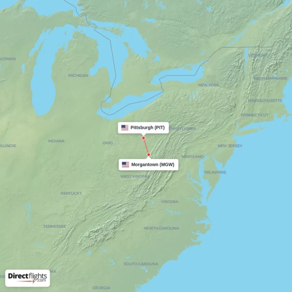 Pittsburgh - Morgantown direct flight map