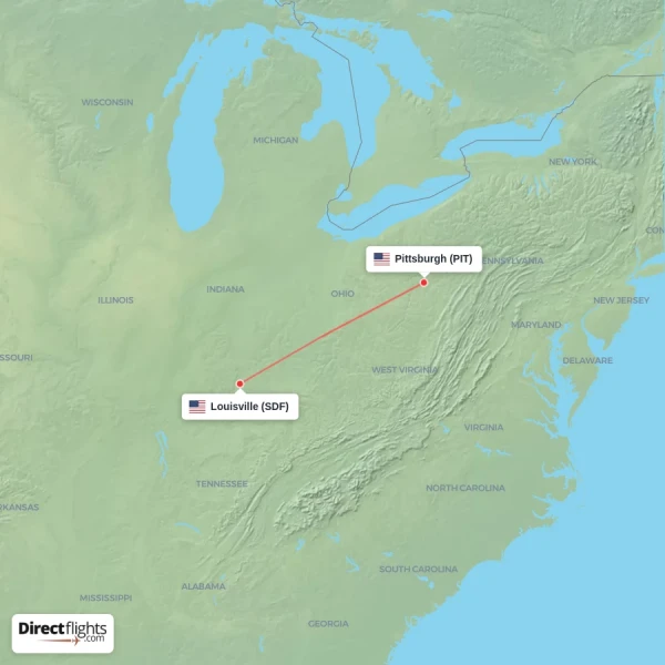Pittsburgh - Louisville direct flight map