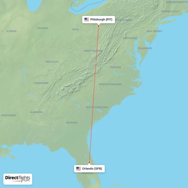 Pittsburgh - Orlando direct flight map