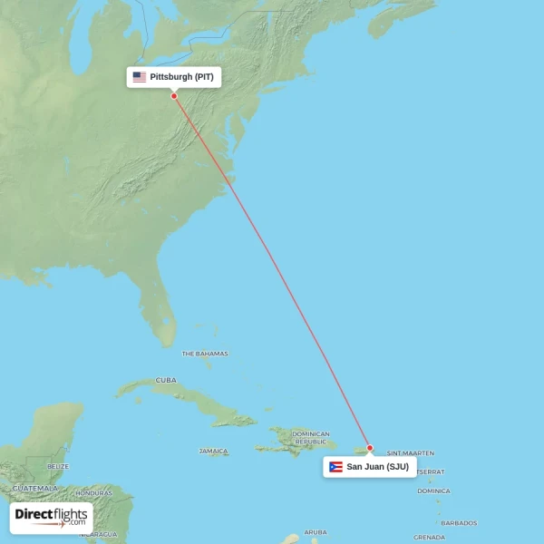 Pittsburgh - San Juan direct flight map