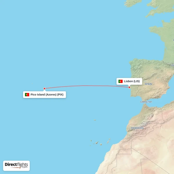 Pico Island (Azores) - Lisbon direct flight map