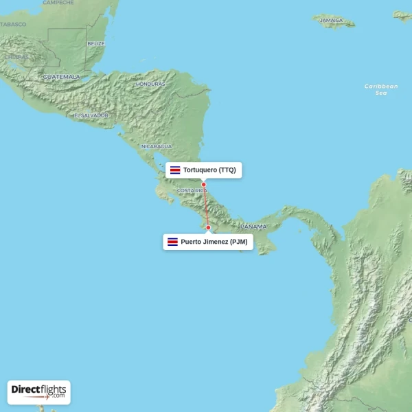 Puerto Jimenez - Tortuquero direct flight map