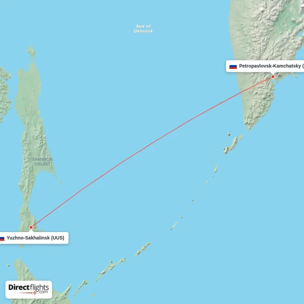 Petropavlovsk-Kamchatsky - Yuzhno-Sakhalinsk direct flight map