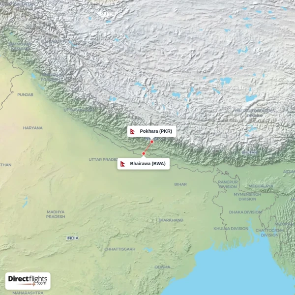 Pokhara - Bhairawa direct flight map