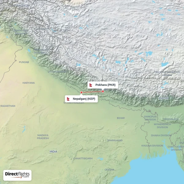 Pokhara - Nepalganj direct flight map