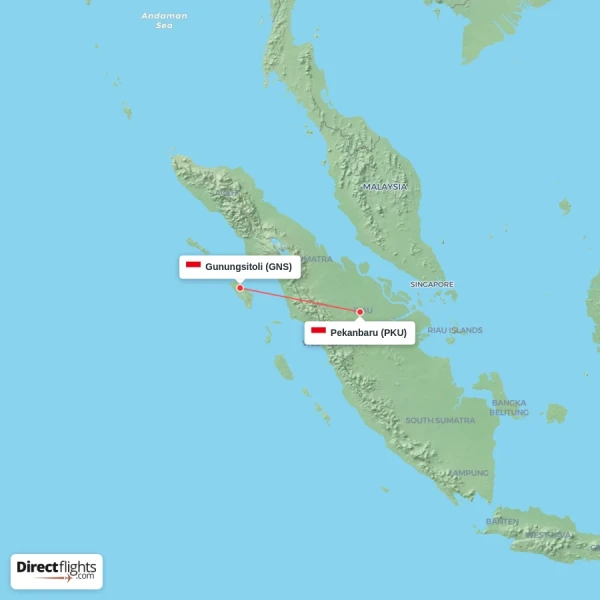 Pekanbaru - Gunungsitoli direct flight map